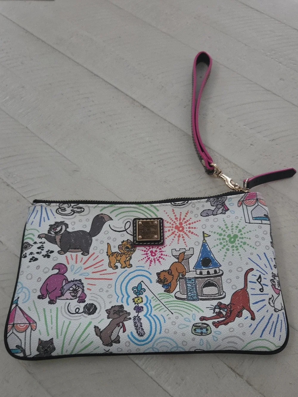 Dooney & Bourke White Cat-Print Wristlet with Pink Strap